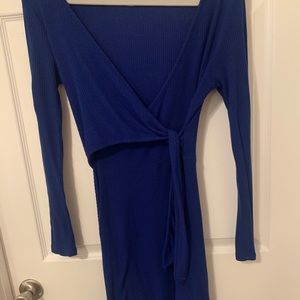 Long Sleeve Navy Blue Dress that Crosses in Front